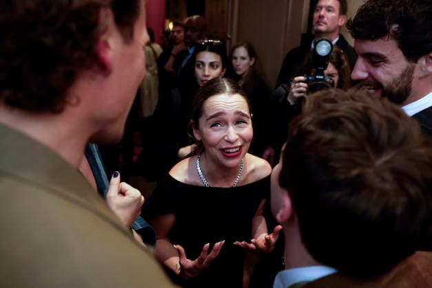 Emilia Clarke greets cast members when she arrives on the red carpet for Peacock s Ponies New York premiere at Whitby Hotel on Wednesday, January 14, 2026 in New York City.  NYP20260114111 JOHNxANGELILLO