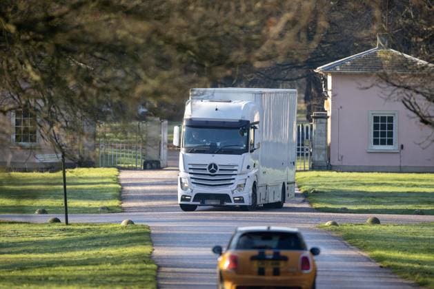 Mr Andrew Windsor Royal Lodge home. Removal vehicle leaves at Royal Lodge gates 1pm at lunchtime. Three hours after arriving. Transport vehicles are seen and pictured arriving and leaving at the security gate of Andrew Mountbatten-Windsor’s luxurious Royal Lodge home at Windsor today. .Preparations are underway for Mr Windsor’s eviction from his home in the coming days and relocate at Sandiringham where renovations are currently underway at Marsh Farm on the King’s Norfolk Estate. A slow process is ongoing of removing Andrew’s possessions from his home of 23 years..It is reported he will finally leave Royal Lodge before he becomes a pensioner on his 66th birthday next month. 14.01.2026  Copyright: xJonxBondx NINTCHDBPICT001051641905