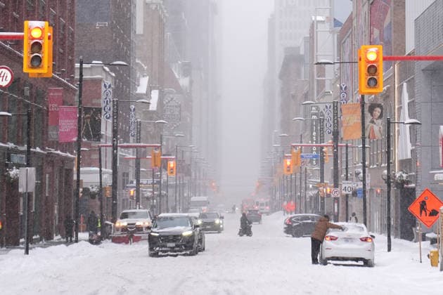 Winter storm in Toronto TORONTO, CANADA - JANUARY 15 : A woman carries her dog as she walks through snowstorm in Toronto, Ontario, Canada on January 15, 2026. Mert Alper Dervis Anadolu Ontario Canada. Editorial use only. Please get in touch for any other usage.  Copyright: x2026xAnadoluxMertxAlperxDervisx