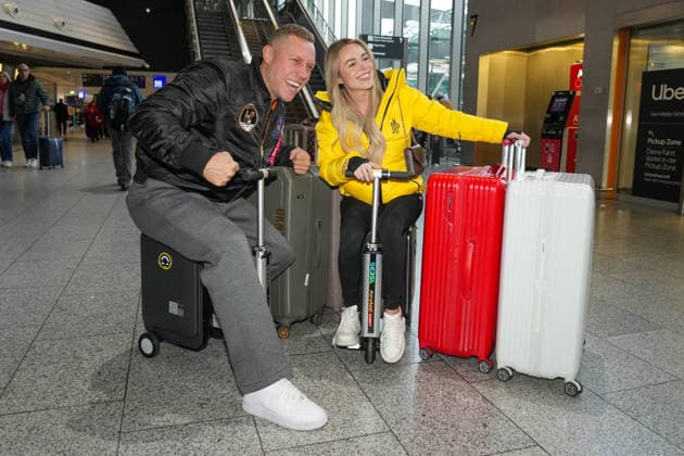 RTL Dschungelcamp - Frankfurt 2026. Patrick Romer und Freundin Annelie Henz bei der Abreise zur RTL-Sendung Ich bin ein Star Holt mich hier raus. Dschungelcamp 2026 am Flughafen Frankfurt. Frankfurt Flughafen Hessen