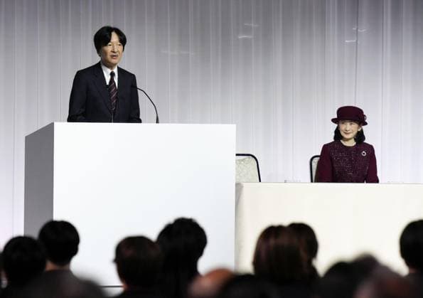 Pep rally ahead of Olympics Japanese Crown Prince Fumihito speaks during a pep rally held for Japanese athletes in Funabashi near Tokyo on Jan. 18, 2026, ahead of the Milan-Cortina Winter Olympics. Seated next to him is Crown Princess Kiko.  A14AA0005189202P