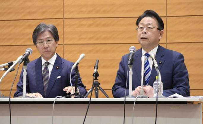 Japan s new opposition party announces party platform Jun Azumi (L), secretary general of the Constitutional Democratic Party of Japan, and Makoto Nishida, secretary general of the Komeito party, meet the press to announce the party platform of their new political party, the Centrist Reform Alliance, in Tokyo on Jan. 19, 2026.  A14AA0005190118P