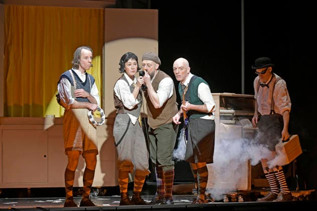 Oliver Seidel, Krista Birkner, Bürger Lars Dietrich, Mario Ramos und Henrik Kairies bei der Fotoprobe zum Theaterstück Erich und die Detektive im Schlosspark Theater. Berlin, 21.01.2026