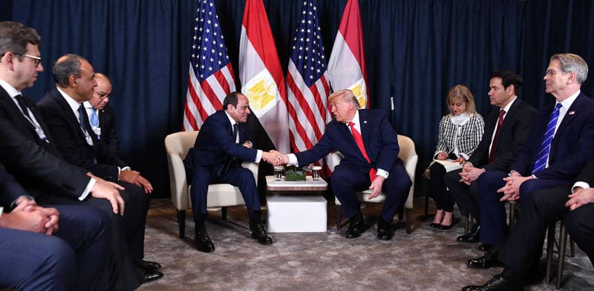 U.S. President Donald Trump (C-R) attends a bilateral meeting with President of Egypt Abdel Fattah el-Sisi (C-L) on the sidelines of the World Economic Forum (WEF) Annual Meeting in Davos, Switzerland, on Wednsday on January 21, 2026.  EGY2026012102 EgyptianxPresidencyxOffice