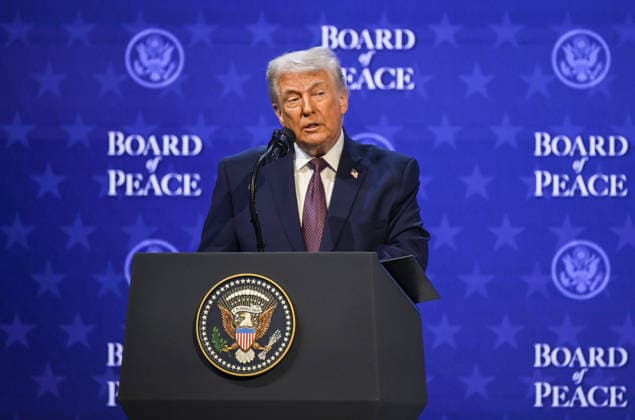 US President Donald Trump attends Board of Peace DAVOS, SWITZERLAND - JANUARY 22: US President Donald Trump delivers a speech during the Board of Peace session held as part of the 56th World Economic Forum (WEF) in Davos, Switzerland on January 22, 2026. Harun Ozalp Anadolu Davos Switzerland. Editorial use only. Please get in touch for any other usage.  Copyright: x2026xAnadoluxHarunxOzalpx