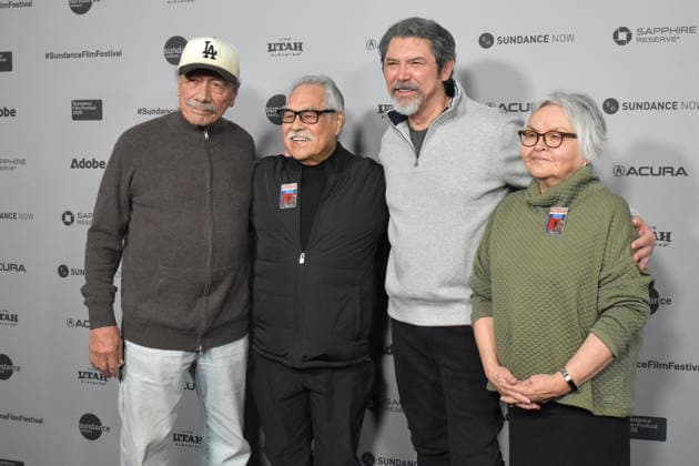 Director and actor Edward James Olmos (L), director, playwright and activist Luis Valdez (2-L) and actor Lou Diamond Phillips (2-R) pose during the opening of the Sundance Film Festival in Park City, Utah United States 22 January 2026. American Pachuco: The Legend of Luis Valdez burst onto the opening day of the Sundance Film Festival, championing Latino identity in the United States at a critical time for migrant communities through the cultural and political legacy of the iconic Chicano playwright. American Pachuco bursts onto the scene at Sundance as the voice of the Latino resistance in the US !ACHTUNG: NUR REDAKTIONELLE NUTZUNG!  Copyright: xMónicaxRubalcavax AME7452 20260122-55019147601_1