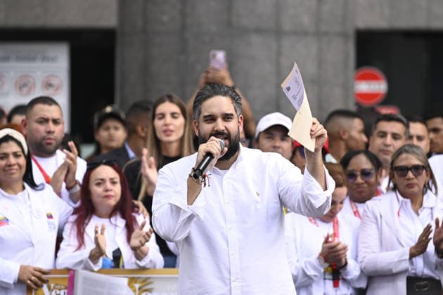 Health workers protest for release of Nicolas Maduro in Caracas CARACAS, VENEZUELA - JANUARY 22: Nicolas Maduro Guerra reads the letter delivered at the UN headquarters demanding the release of his father, ousted President Nicolas Maduro, and his wife, Cilia Flores, in Caracas, Venezuela, on January 22, 2026. Maxwell Briceno Anadolu Caracas Venezuela. Editorial use only. Please get in touch for any other usage.  Copyright: x2026xAnadoluxMaxwellxBricenox