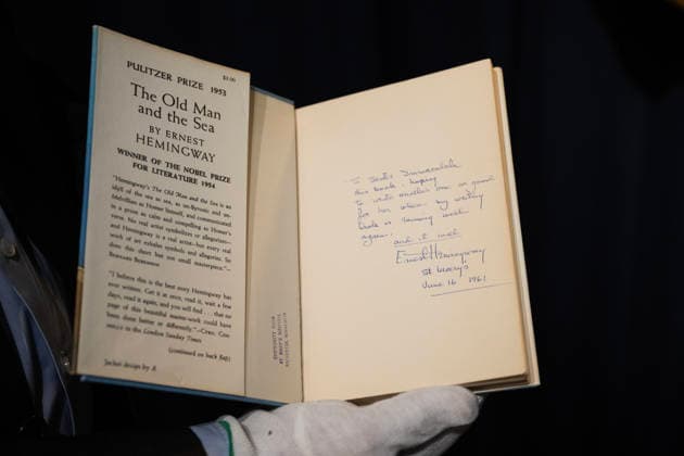 Stockholm 20260123 American Hemingway connoisseur Curtis DeBerg hands over the Hemingway book The Old Man and the Sea to the Nobel Museum The book has a dedication that is believed to be the last known written by the author and Nobel laureate Ernest Hemingway The book will in the future be in the Nobel Museums collections STOCKHOLM SWEDEN x10080x  Copyright: xFredrikxSandberg TTx HEMINGWAYBOK QPX2ki8uCZQ