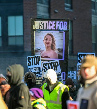 A photo of Renee Nicole Good, who was killed by an ICE officer earlier this month, was one of the many signs held by thousands of protesters who march in sub-zero temperatures during ICE Out day to protest the federal government s immigration enforcement surge in Minneapolis, Minnesota on Friday, January 23, 2026. Organizers are also calling for an economic blackout as they urge Minnesotans to avoid shopping and stay home from work.  MIN20260123614 CRAIGxLASSIG