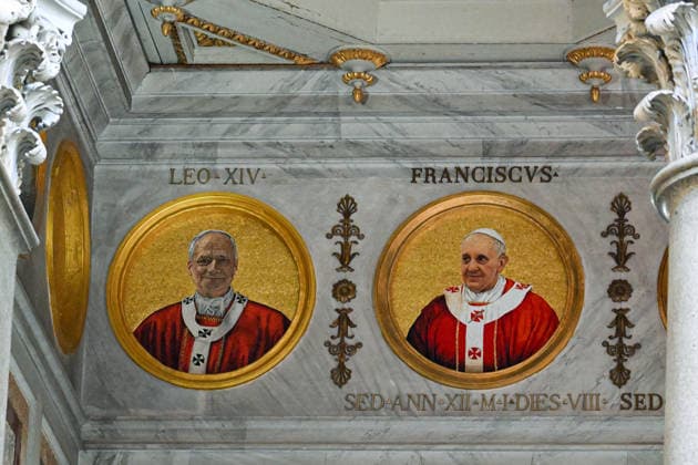 ITALY - THE MOSAIC PORTRAIT OF POPE LEO XIV HAS BEEN ADDED TO THOSE OF PAST POPES OF THE CATHOLIC CHURCH INSIDE THE BASILICA OF ST PAUL OUTSIDE THE WALLS IN ROME - 2026 1 24 Italy, Rome, Vatican, 2026 1 24. The mosaic portrait of Pope Leo XIV has been added to those of past popes of the Catholic Church inside the Basilica of St. Paul Outside the Walls in Rome EDITORIAL USE ONLY - NO BOOKS Copyright: xALESSIAxGIULIANIx