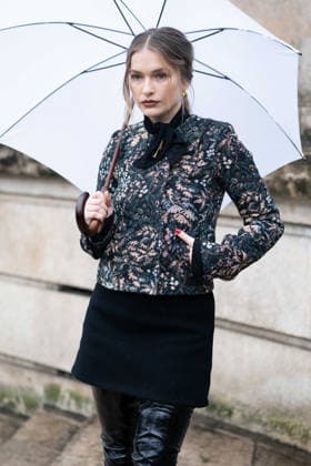Patou - Outside Arrivals - Paris Fashion Week - Menswear Fall Winter 2026-2027 Camille Razat wears colored floral tapestry jacket with a black velvet bow detail, a black mini skirt, outside Patou Menswear Fall Winter 2026-2027 show as part of Paris Fashion Week on January 25, 2026 in Paris, France., Credit:Lounis Tiar Avalon France, Paris  Copyright: xLounisxTiarx xAvalonx 1069345480