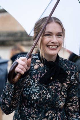 PFW - Patou Arrivals Camille Razat wears colored floral tapestry jacket with a black velvet bow detail, a black mini skirt, outside Patou Menswear Fall Winter 2026-2027 show as part of Paris Fashion Week on January 25, 2026 in Paris, France. Photo by LounisPhotography ABACAPRESS.COM Paris France  Copyright: xLounisPhotography ABACAx