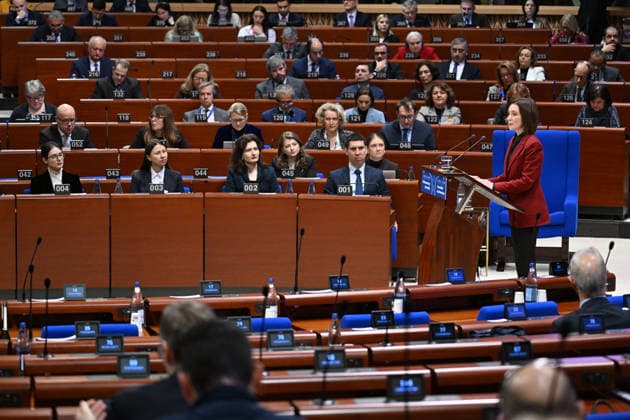 Winter session 2026 of the Parliamentary Assembly of the Council of Europe STRASBOURG, FRANCE - JANUARY 27: Maia Sandu, President of the Republic of Moldova, delivers a speech at the Parliamentary Assembly of the Council of Europe (PACE) during the winter session of the Parliamentary Assembly of the Council of Europe in Strasbourg, France on January 27, 2026. Mustafa Yalcin Anadolu Strasbourg France. Editorial use only. Please get in touch for any other usage.  Copyright: x2026xAnadoluxMustafaxYalcinx