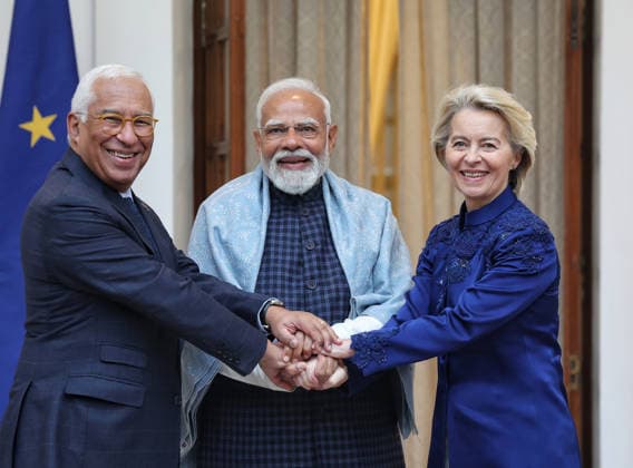 India, EU agree on landmark free trade deal NEW DELHI, INDIA - JANUARY 27: (----EDITORIAL USE ONLY - MANDATORY CREDIT - ’PRESS INFORMATION BUREAU HANDOUT - NO MARKETING NO ADVERTISING CAMPAIGNS - DISTRIBUTED AS A SERVICE TO CLIENTS----) Indian Prime Minister Narendra Modi meets with President of the European Council, Mr. Antonio Luis Santos da Costa and the President of the European Commission, Ursula von der Leyen ahead of the Exchange of MoUs between India and EU, in Hyderabad House, New Delhi, India on January 27, 2026. Press Information Bureau (PIB) Anadolu New Delhi India. Editorial use only. Please get in touch for any other usage.  Copyright: x2026xAnadoluxPressxInformationxBureaux(PIB)x