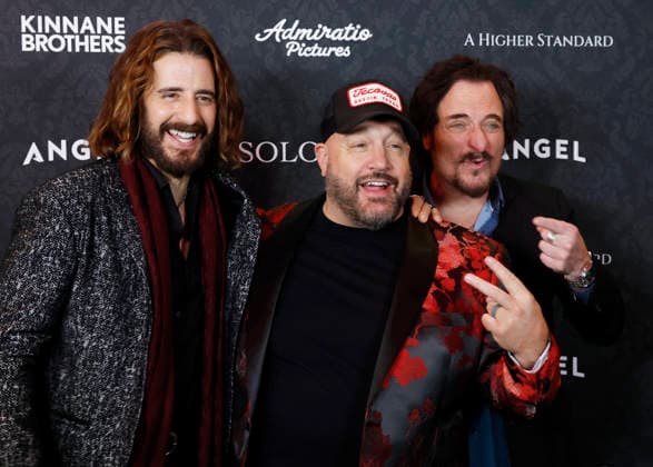 Jonathan Roumie, Kevin James and Kim Coates arrive on the red carpet at the Solo Mio New York premiere at Regal Times Square on Tuesday, January 27, 2026 in New York City.  NYP20260127124 JOHNxANGELILLO