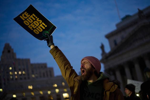 January 27, 2026, New York, New York, USA: A man yells out while holding up a sign that reads, Ã¢â‚¬oeICE Out! Feds Out!Ã¢â‚¬Â? at a protest at Foley Square demanding that ICE cease operations throughout the country following the killing of 37-year-old VA nurse, Alex Pretti in Minneapolis on January 24th. New York USA - ZUMAl171 20260127_znp_l171_038 Copyright: xEdnaxLeshowitzx