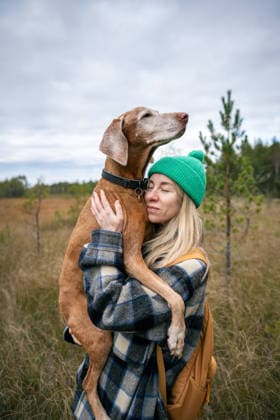 Zärtliche Wanderin umarmt Magyar Vizsla auf herbstlichem Feld, Rucksackabenteuer im Herbst Joyful woman hold embracing Vizsla close in nature field. Smiling female backpacker with Magyar dog, petting hugging with love in dry grassland, outdoor journey with loyal pet, trust to owner (License=RF) ,model released, Symbolfoto Copyright: xZoonar.com DmitriixMarchenkox 24543472 ,model released, Symbolfoto ,property released