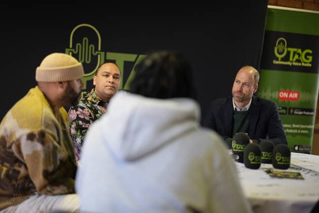 Prince of Wales visits We Move FWD (left to right) Big Zuu, BBC Children in Need Director Alex Holmes and the Prince of Wales during a roundtable with TAG Radio during a visit to BBC Children In Need s We Move FWD programme at the Ubele Initiative in the Wolves Lane Centre, north London. We Move FWD is a 10-year commitment by BBC Children in Need, delivered in collaboration with BBC Radio 1Xtra, to create opportunities for Black children and young people across the UK. Picture date: Wednesday January 28, 2026., Credit:Aaron Chown Avalon UK, London  Copyright: xAaronxChownx xAvalonx 1069987853