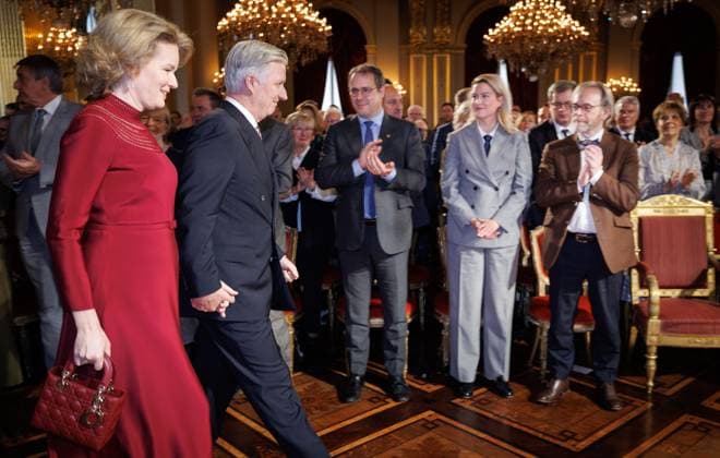 Queen Mathilde of Belgium, King Philippe - Filip of Belgium, Vice-prime Minister and minister of Economy and Work David Clarinval, acting Antwerp mayor Els Van Doesburg, Chamber Chairman N-VA Peter De Roover and pictured prior to a New Year s reception organized by the Royal Family for the Belgian Authorities, at the Royal Palace in Brussels, Wednesday 28 January 2026.  BENOITxDOPPAGNE 159283131