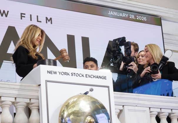 First lady Melania Trump remans for photos after ringing the opening bell at the New York Stock Exchange on Wall Street on Wednesday, January 28, 2026 in New York City. The First Lady made the appearance as part of her publicity tour for the film, Melania, which documents her life in the 20 days leading up to President Donald Trump s second inauguration.  NYP202601028103 JOHNxANGELILLO