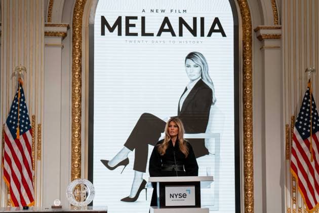 January 28, 2026, New York, New York, USA: First Lady MELANIA TRUMP speaks from a podium in front of a screen displaying an ad for her movie. New York USA - ZUMAs365 20260128_znp_s365_012 Copyright: xJoeyxSussmanx