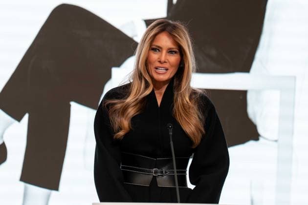 January 28, 2026, New York, New York, USA: First Lady MELANIA TRUMP speaks from a podium in front of a screen displaying an ad for her movie. New York USA - ZUMAs365 20260128_znp_s365_013 Copyright: xJoeyxSussmanx