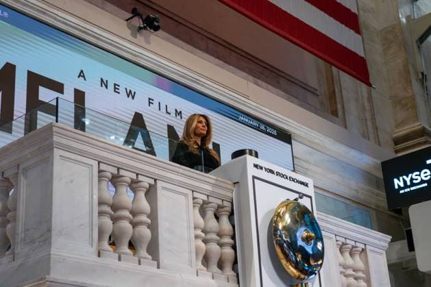 January 28, 2026, New York, New York, USA: First Lady MELANIA TRUMP stands behind the New York Stock Exchange bell. New York USA - ZUMAs365 20260128_znp_s365_016 Copyright: xJoeyxSussmanx