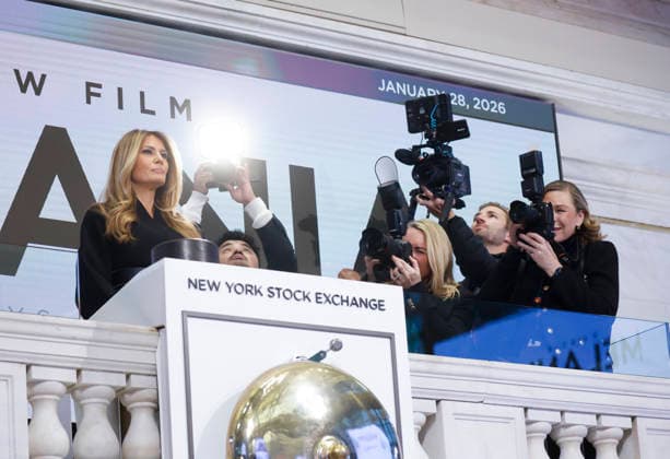 First lady Melania Trump remains for photos after ringing the opening bell at the New York Stock Exchange on Wall Street on Wednesday, January 28, 2026 in New York City. The First Lady made the appearance as part of her publicity tour for the film, Melania, which documents her life in the 20 days leading up to President Donald Trump s second inauguration.  NYP202601028115 JOHNxANGELILLO