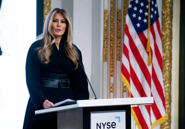 First lady Melania Trump delivers remarks before ringing the opening bell at the New York Stock Exchange on Wall Street on Wednesday, January 28, 2026 in New York City. The First Lady made the appearance as part of her publicity tour for the film, Melania, which documents her life in the 20 days leading up to President Donald Trump s second inauguration.  NYP202601028122 JOHNxANGELILLO