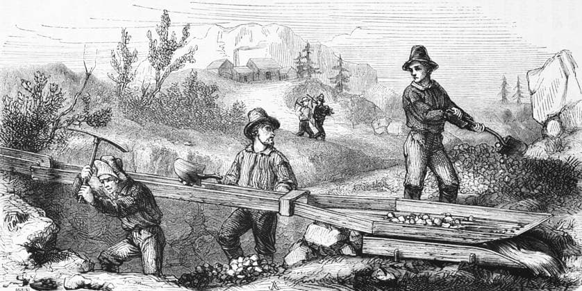 Goldsucher beim Schürfen, USA, Hügellandschaft, Bodenschatz, Edelmetall, Werkzeuge, Hacke und Schaufel, Fluss, Steine und Erde waschen, Holzkonstruktion, Suche, Traum vom Reichtum, Männer, arbeiten, Glück, Goldrausch, Kalifornien, Fabrik, Gebäude, Tannen, Natur, Wunder der Erde, Biologie, Geografie, historische Illustration 1863 Gold seekers mining, USA, hilly landscape, mineral resources, precious metal, tools, hoe and shovel, river, stones and soil washing, wooden construction, search, dream of wealth, men, work, luck, gold rush, California, factory, building, firs, nature, wonders of the earth, biology, geography, historical illustration 1863 Copyright: imageBROKER WolfgangxDiederich ibldie16393764.jpg