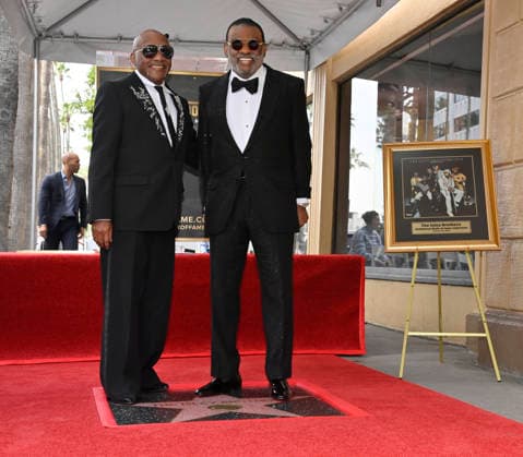 Singer-songwriters Ernie Isley (L) and Ronald Isley of the US band The Isley Brothers stand on their star during an unveiling ceremony honoring the band with the 2,834th star on the Hollywood Walk of Fame in Los Angeles on Wednesday, January 28, 2026.  LAP2026012803 JIMxRUYMEN