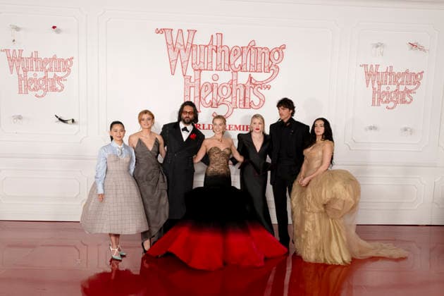 January 28, 2026, Santa Monica, California, USA: (L-R) HONG CHAU, ALISON OLIVER, SHAZAD LATIF, MARGOT ROBBIE, EMERALD FENNELL, JACOB ELORDI and CHARLI XCX attend Warner Bros. Pictures and MRC Presents World Premiere of Wuthering Heights Santa Monica USA - ZUMAb173 20260128_aap_b173_046 Copyright: xBillyxBennightx