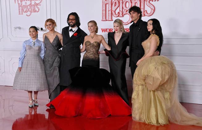 Hong Chau, Alison Oliver, Shazad Latif, Margot Robbie, Emerald Fennell, Jacob Elordi and Charli xcx (L-R) attend the world premiere of the motion picture romantic drama Wuthering Heights at the TCL Chinese Theatre in the Hollywood section of Los Angeles on Wednesday, January 28, 2026. Storyline: A passionate and tumultuous love story set against the backdrop of the Yorkshire moors, exploring the intense and destructive relationship between Heathcliff and Catherine Earnshaw.  LAP20260128804 JIMxRUYMEN