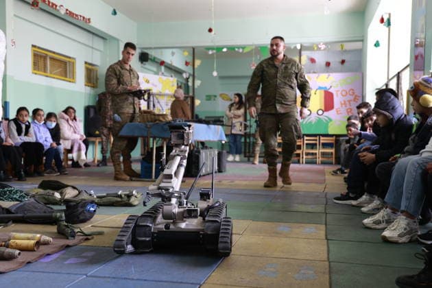 Children in southern Lebanon are being educated about landmines and war remnants SHEBAA, LEBANON - JANUARY 21: Numerous students participate in a mine risk education event to raise awareness about the ongoing threat of landmines and unexploded ordnance left from past conflicts in Shebaa, Lebanon on January 21, 2026. Supported by the United Nations, these initiatives focus on clearing contaminated areas in southern Lebanon and educating civilians, especially children, about the dangers of remnants of war that continue to endanger local communities. The awareness session aims to reduce risks through interactive training, teaching participants how to recognize suspicious objects, avoid high-risk zones, and report potential hazards to authoriti  Copyright: x2026xAnadoluxRamizxDallahx