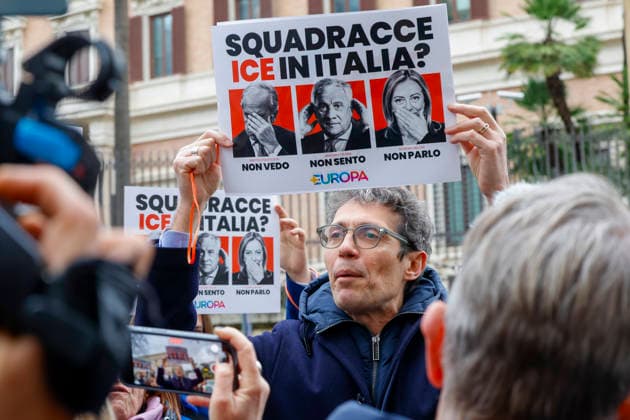 January 29, 2026, Rome, Rome, Italy: 29 01 2026 Rome, Sit-in protest against the presence of the American ICE police at the Milan Cortina 2026 Olympics, in the photo Riccardo Magi holds a sign with an image of Giorgia Meloni, Antonio Tajani, Matteo Piantedosi. Rome Italy  - ZUMAa289 20260129_zia_a289_137 Copyright: xCristianoxMinichiellox