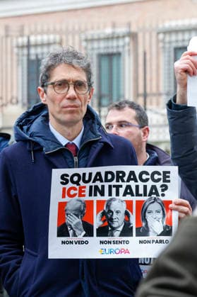 January 29, 2026, Rome, Rome, Italy: 29 01 2026 Rome, Sit-in protest against the presence of the American ICE police at the Milan Cortina 2026 Olympics, in the photo Riccardo Magi holds a sign with an image of Giorgia Meloni, Antonio Tajani, Matteo Piantedosi. Rome Italy  - ZUMAa289 20260129_zia_a289_141 Copyright: xCristianoxMinichiellox