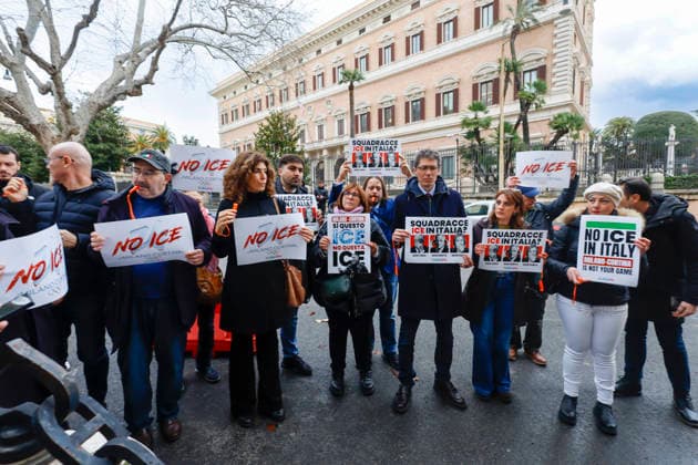 January 29, 2026, Rome, Rome, Italy: 29 01 2026 Rome, Sit-in protest against the presence of the American ICE police at the Milan Cortina 2026 Olympics, in the photo Riccardo Magi holds a sign with an image of Giorgia Meloni, Antonio Tajani, Matteo Piantedosi. Rome Italy  - ZUMAa289 20260129_zia_a289_147 Copyright: xCristianoxMinichiellox