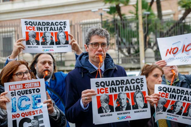 January 29, 2026, Rome, Rome, Italy: 29 01 2026 Rome, Sit-in protest against the presence of the American ICE police at the Milan Cortina 2026 Olympics, in the photo Riccardo Magi holds a sign with an image of Giorgia Meloni, Antonio Tajani, Matteo Piantedosi. Rome Italy  - ZUMAa289 20260129_zia_a289_148 Copyright: xCristianoxMinichiellox