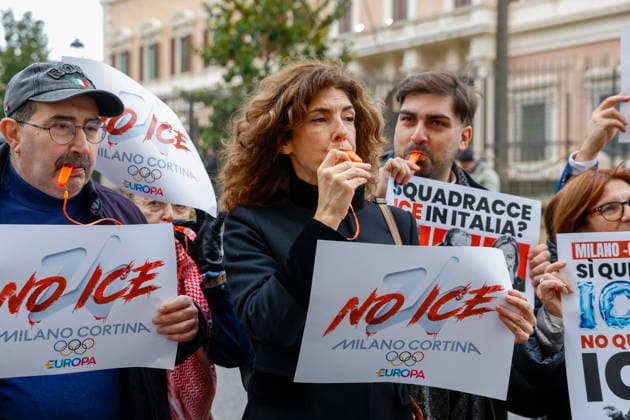 Sit-in protest against ICE January 29, 2026, Rome, Sit-in protest against the presence of the American ICE police at the 2026 Milan Cortina Olympics, Credit:Cristiano Minichiello Avalon Italy, Rome  Copyright: xCristianoxMinichiellox xAvalonx 1070346586