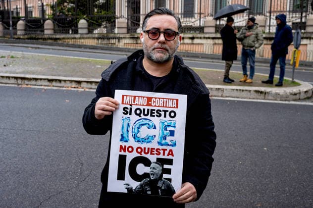 Demonstration protest against the American ICE police ROME, ITALY - JANUARY 29: Demonstration protest of the +Europa party against the American ICE police will be operating in Italy during the Milan-Cortina Winter Olympics, in front of the US embassy on January 29, 2026 in Rome, Italy. (Photo by Stefano of Montesi) Rome Italy Copyright: xStefanoxMontesix