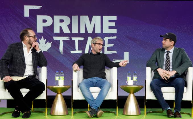 January 29, 2026, Ottawa, On, Canada: Kyle Irving, left, interviews the co-creators of the TV series Heated Rivalry , Jacob Tierney, centre, and Brendan Brady, at the Prime Time screen and media industry conference in Ottawa, on Thursday, January 29, 2026. Ottawa Canada  - ZUMAc35_ 20260129_zaf_c35_082 Copyright: xPatrickxDoylex