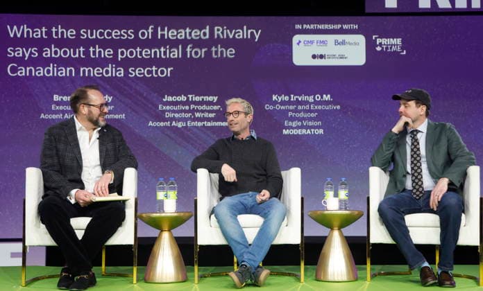 January 29, 2026, Ottawa, On, Canada: Kyle Irving, left, interviews the co-creators of the TV series Heated Rivalry , Jacob Tierney, centre, and Brendan Brady, at the Prime Time screen and media industry conference in Ottawa, on Thursday, January 29, 2026. Ottawa Canada  - ZUMAc35_ 20260129_zaf_c35_084 Copyright: xPatrickxDoylex