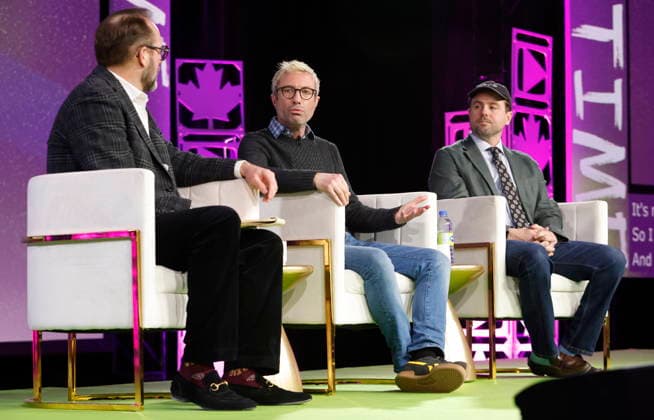 January 29, 2026, Ottawa, On, Canada: Kyle Irving, left, interviews the co-creators of the TV series Heated Rivalry , Jacob Tierney, centre, and Brendan Brady, at the Prime Time screen and media industry conference in Ottawa, on Thursday, January 29, 2026. Ottawa Canada  - ZUMAc35_ 20260129_zaf_c35_086 Copyright: xPatrickxDoylex