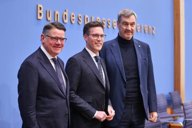 Berlin, Deutschland, 30.01.2026: Bundespressekonferenz: 3 Löwen Allianz: Boris Rhein, Ministerpräsident des Landes Hessen und Landesvorsitzender der CDU, Manuel Hagel, Landesvorsitzender der CDU und Spitzenkandidat in Baden-Württemberg, Markus Söder, Ministerpräsident des Landes Bayern und Vorsitzender der CSU *** Berlin, Germany, 30 01 2026 Federal Press Conference 3 Lions Alliance Boris Rhein, Minister President of the State of Hesse and State Chairman of the CDU, Manuel Hagel, State Chairman of the CDU and top candidate in Baden Württemberg, Markus Söder, Minister President of the State of Bavaria and Chairman of the CSU Copyright: xdtsxNachrichtenagenturx dts_104391