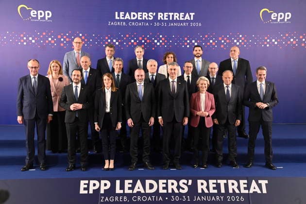Zagreb, Croatia, 300126. The leaders of the European People’s Party (EPP), invited by EPP President Manfred Weber and Prime Minister and President of the Croatian Democratic Union HDZ, Andrej Plenkovic at the meeting in Zagreb on 30-31 January 2026. Roberta Metsoli, Ursula von der Leyen, Janez Jansa, Donald Tusk, Evika Silina, Friedrich Merz, Luc Frieden and other leaders attend the meeting. Photo: Ronald Gorsic CROPIX Copyright: xxRonaldxGorsicx xCROPIXx lideri_epp8-300126