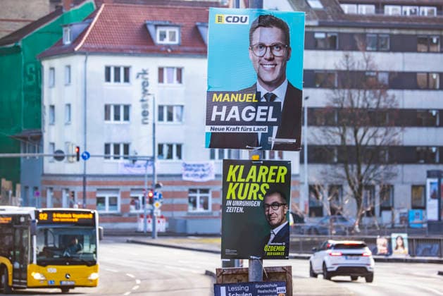 Landtagswahl 2026 in Baden-Württemberg. Wahlplakate in der Innenstadt von Stuttgart. Plakat mit CDU-Spitzenkandidat Manuel Hagel. 31.01.2026, Stuttgart, Baden-Württemberg, Deutschland *** State election 2026 in Baden Württemberg Election posters in the city center of Stuttgart Poster with CDU top candidate Manuel Hagel 31 01 2026, Stuttgart, Baden Württemberg, Germany