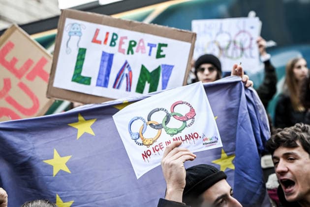January 31, 2026, Milan, Mi, Italy: January 31, 2026, Milan. ICE OUT. Left-wing protest against the possible presence of U.S. Special Forces during the Milan-Cortina Winter Olympics. Milan Italy  - ZUMAa289 20260131_zia_a289_053 Copyright: xNicolaxMarfisix