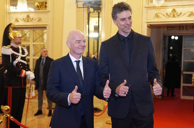 (260202) -- MILAN, Feb. 2, 2026 -- FIFA President Gianni Infantino (L) and IOC Athletes Commission member Pau Gasol Saez arrive for the opening ceremony of the 145th IOC Session at La Scala Theatre in Milan, Italy on Feb. 2, 2026. ) (SP)ITALY-MILAN-IOC-145TH SESSION-OPENING CEREMONY SunxFei 