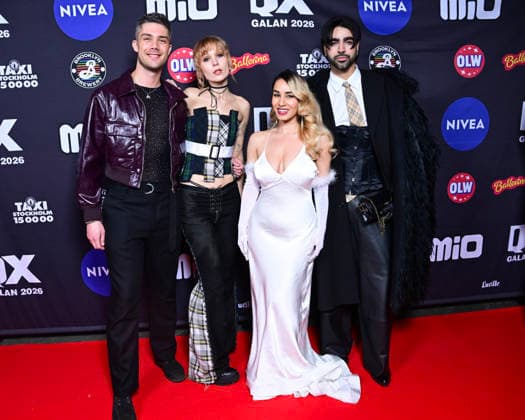STOCKHOLM, SWEDEN 20260202 Stefan Bergquist, Ida Gratte, Nina Golkar and Vitor Machado, some of the participants from the Swedish TV program Alla dejtar alla, which is nominated in the category TV of the Year, arrive at the QX gala at Cirkus in Stockholm STOCKHOLM SWEDEN x10030x  Copyright: xJonasxEkströmer TTx QX-GALAN 2026 J7rm5xw8BbM