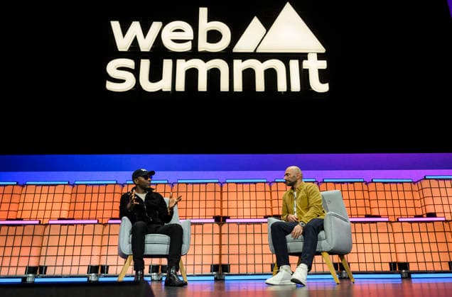 WEB SUMMIT QATAR 2026 DAT THREE Musician Aloe Blacc (L) and Kayvan Nikjou, founder of Kayvan Nikjou Advisors, address the audience during day three of Web Summit Qatar 2026 at the Doha Exhibition and Convention Center in Doha,Qatar,February 03, 2026. Doha Qatar Copyright: xNOUSHADx